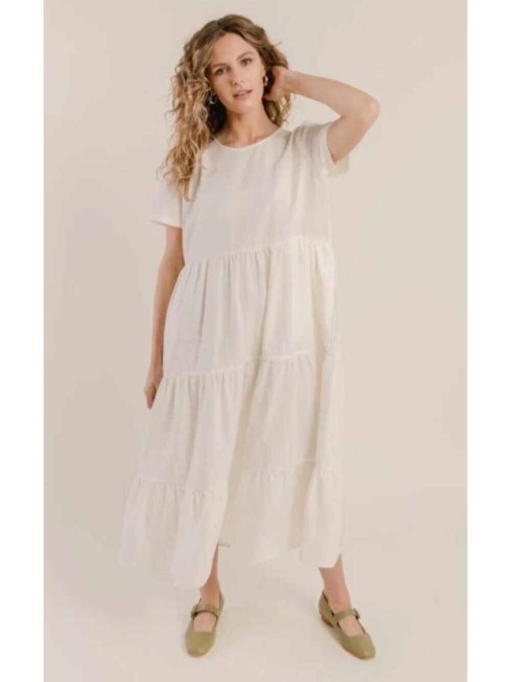 Tradlands Chalet Tiered Midi Dress 1X Off White Linen Tencel Sustainable Pockets